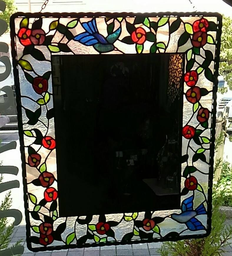花と鳥のステンドグラス･ミラー （生徒さん作品） | Weblog,ステンド教室,ステンドグラス,ガラス工芸,グラスアート | ステンドグラス