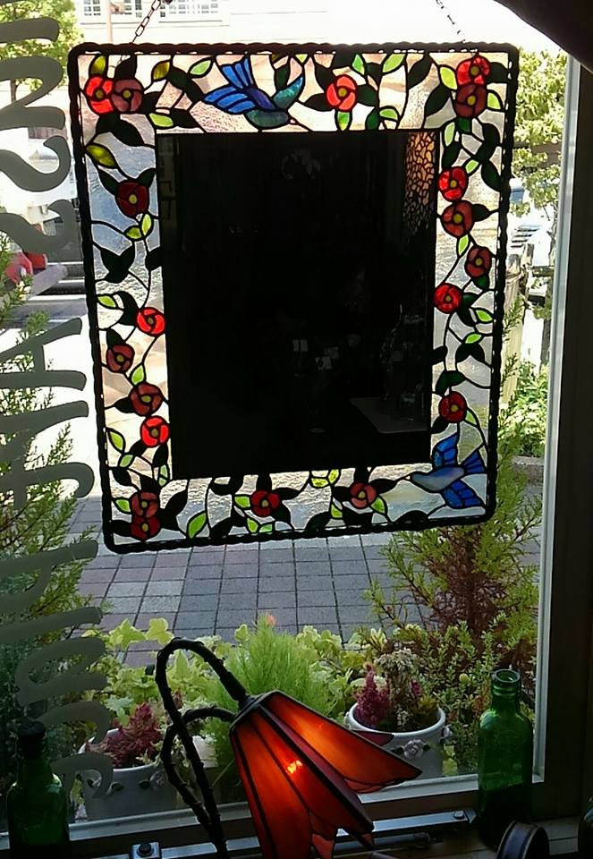 格安saleスタート ステンドガラスミラー 花と鳥のステンドグラス